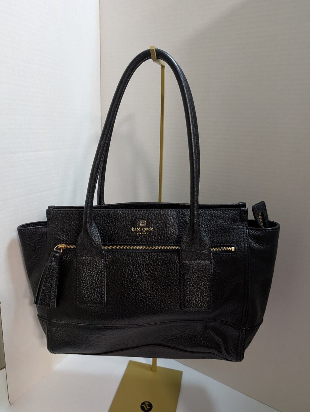 Kate Spade New York Black Pebbled Leather Tote Shoulder Bag Gold Hardware Tassel